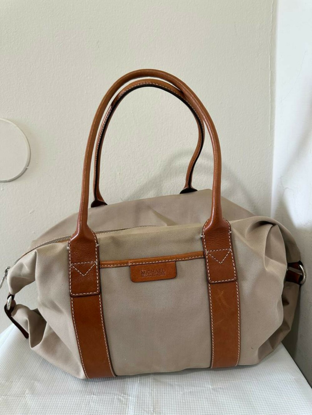Michael Kors Khaki Canvas Leather Travel Duffle Bag Holdall Carry-On